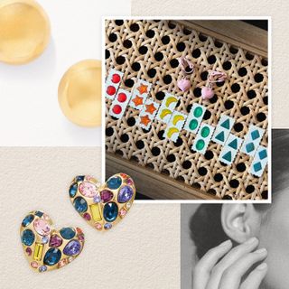 Graphic design art composed of a picture of rainbow gem stick-ons, a picture of a pair of round gold clip-on earrings, a picture of a woman touching her ear. A pair of heart shape clip-on earrings with gem stones are next to the pictures.