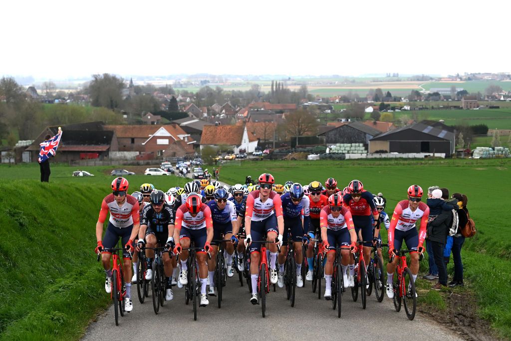 WAREGEM BELGIUM MARCH 29 A general view of Alex Kirsch of Luxembourg and Team Trek Segafredo John Degenkolb of Germany and Team DSM Jasper Stuyven of Belgium and Team Trek Segafredo Sep Vanmarcke of Belgium and Team Israel Premier Tech Daan Hoole of The Netherlands and Team Trek Segafredo Krists Neilands of Latvia and Team Israel Premier Tech Mads Pedersen of Denmark and Team Trek Segafredo Ben Turner of The United Kingdom and Team INEOS Grenadiers Edward Theuns of Belgium and Team Trek Segafredo and the peloton compete during the 77th Dwars Door Vlaanderen 2023 Mens Elite a 1837km one day race from Roeselare to Waregem DDV23 on March 29 2023 in Waregem Belgium Photo by Tim de WaeleGetty Images