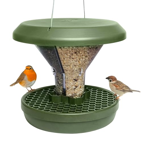 Swissinno Bird Feeders - No Mess Hanging Bird Feeder for Outdoors - Smart Birds Davos Spill Proof Wild Cardinal &amp;amp; Small Bird Feeder With Integrated Seed Catcher Tray - Dual Chamber - Green