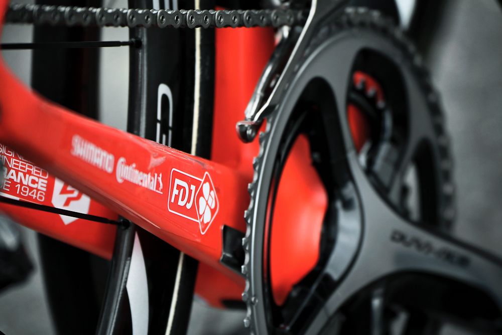An FDJ logo on a bike in front of France's FDJ cycling team's hotel in Coutances, a day before the start of the 2016 Tour de France