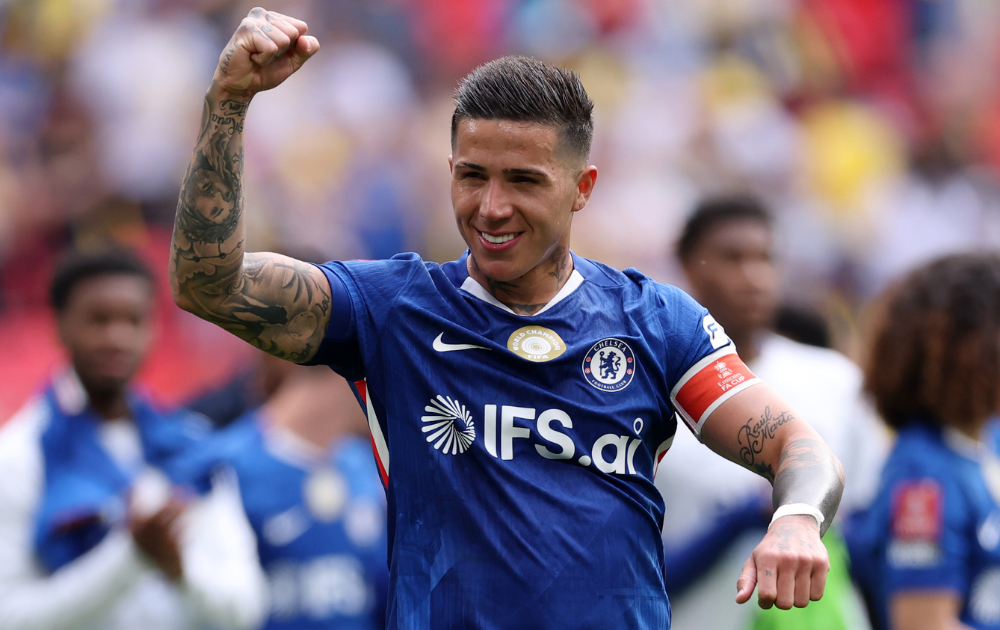 Enzo Fernandez of Chelsea celebrates victory after the Emirates FA Cup Semi Final match between Chelsea and Leeds United at Wembley Stadium on April 26, 2026 in London, England. 