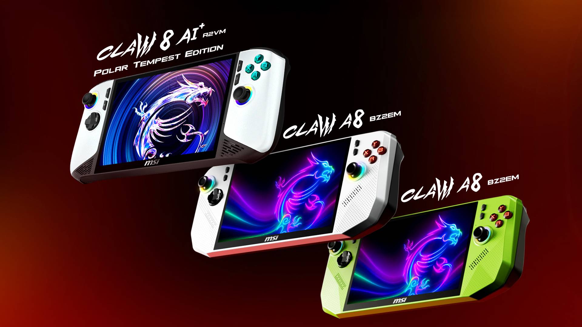MSI Claw 8 family handhelds with Polar Tempest AI+ at top, white Claw 8 BZ2EM in center, and lime green 8 BZ2EM at bottom.