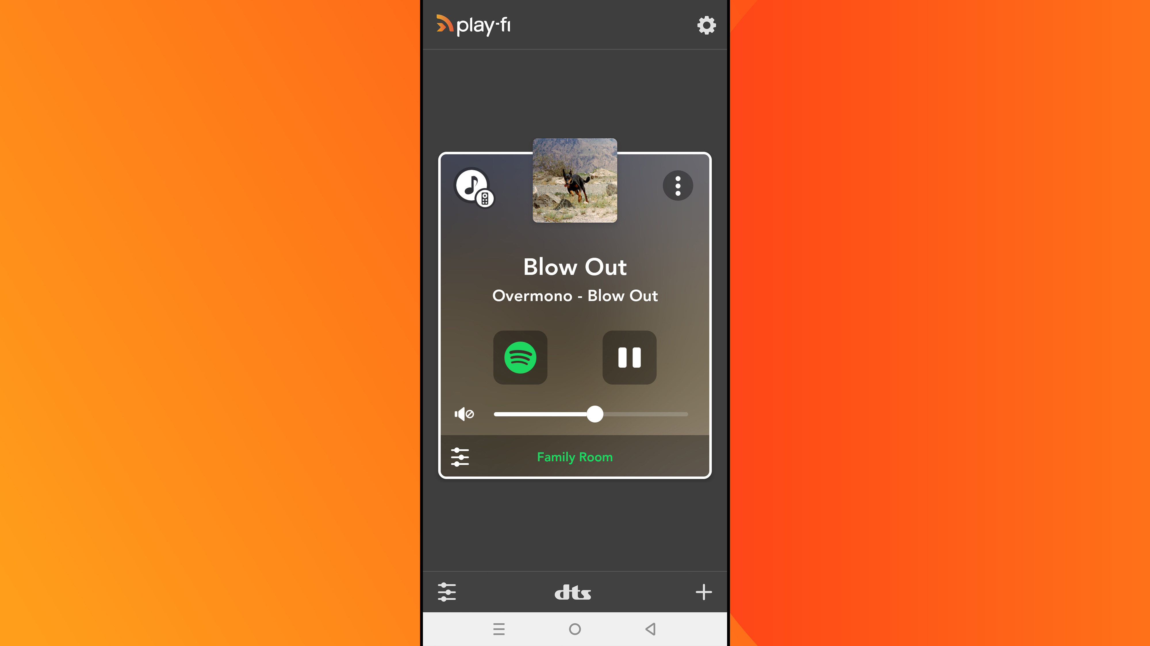 Ένα στιγμιότυπο οθόνης της εφαρμογής DTS Play-Fi για Android σε πορτοκαλί φόντο