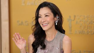 Michelle Yeoh is pictured with side-swept curly hair and coral-pink blush on her cheeks at the 31st Annual Screen Actors Guild Awards at Shrine Auditorium and Expo Hall on February 23, 2025 in Los Angeles, California.