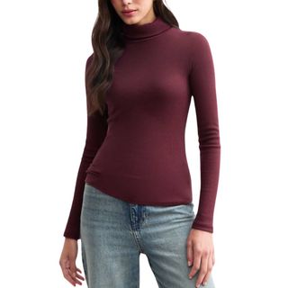 New Look Burgundy High Neck Fine Rib Jersey Top