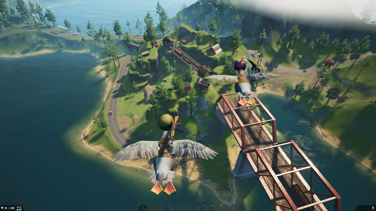 Two ducks fly over an island in a screenshot from Duckside