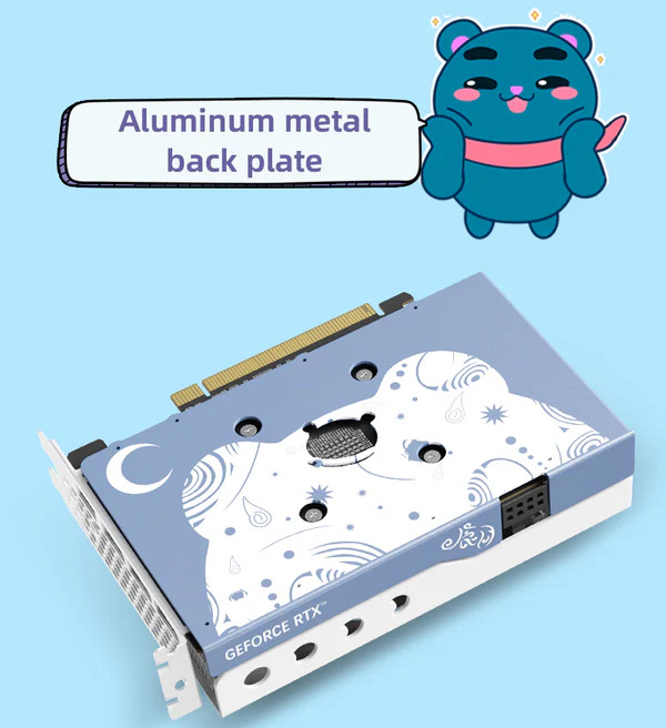 Yeston's cute bear RTX 5060 graphics card, on a blue background