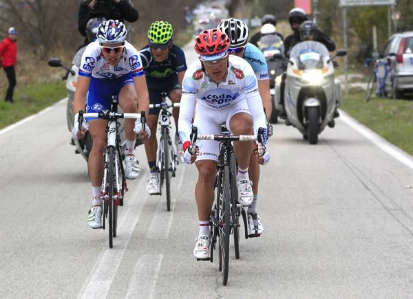 The day's breakaway led by Carlos Betancur (Acqua e Sapone)