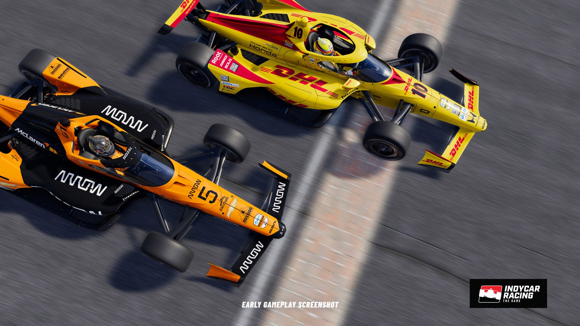 A gameplay image of IndyCar Racing The Game showing Pato O Ward and Alex Palou racing across the bricks at Indianapolis Motor Speedway.