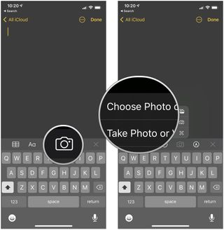 Add embedded photos in Notes by showing steps: Tap the Camera icon in your note, then select choose photo or take new photo