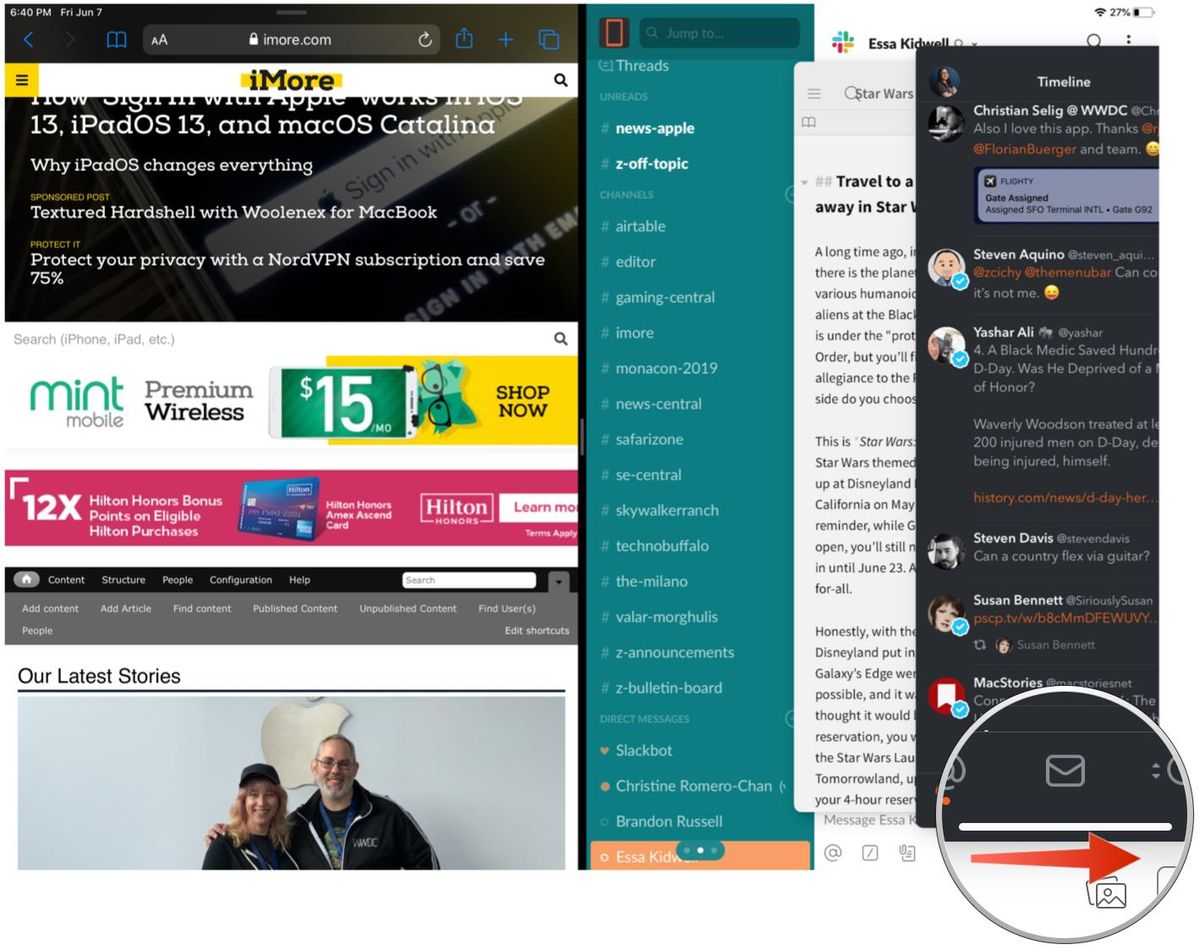 How to rotate through app tabs in Slide Over View: Swipe to the right to bring the previous app to the front. Continue doing this until you get the app you need