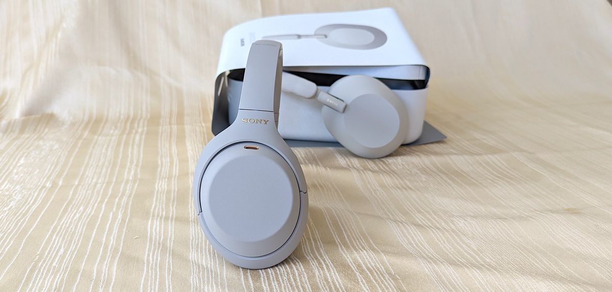 The Sony WH-1000XM4 noise-cancelling headphones front and center