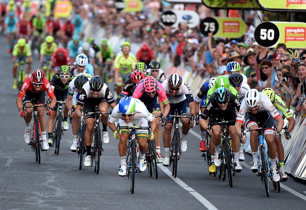 Caleb Ewan sprints for the line in the Down Under Classic