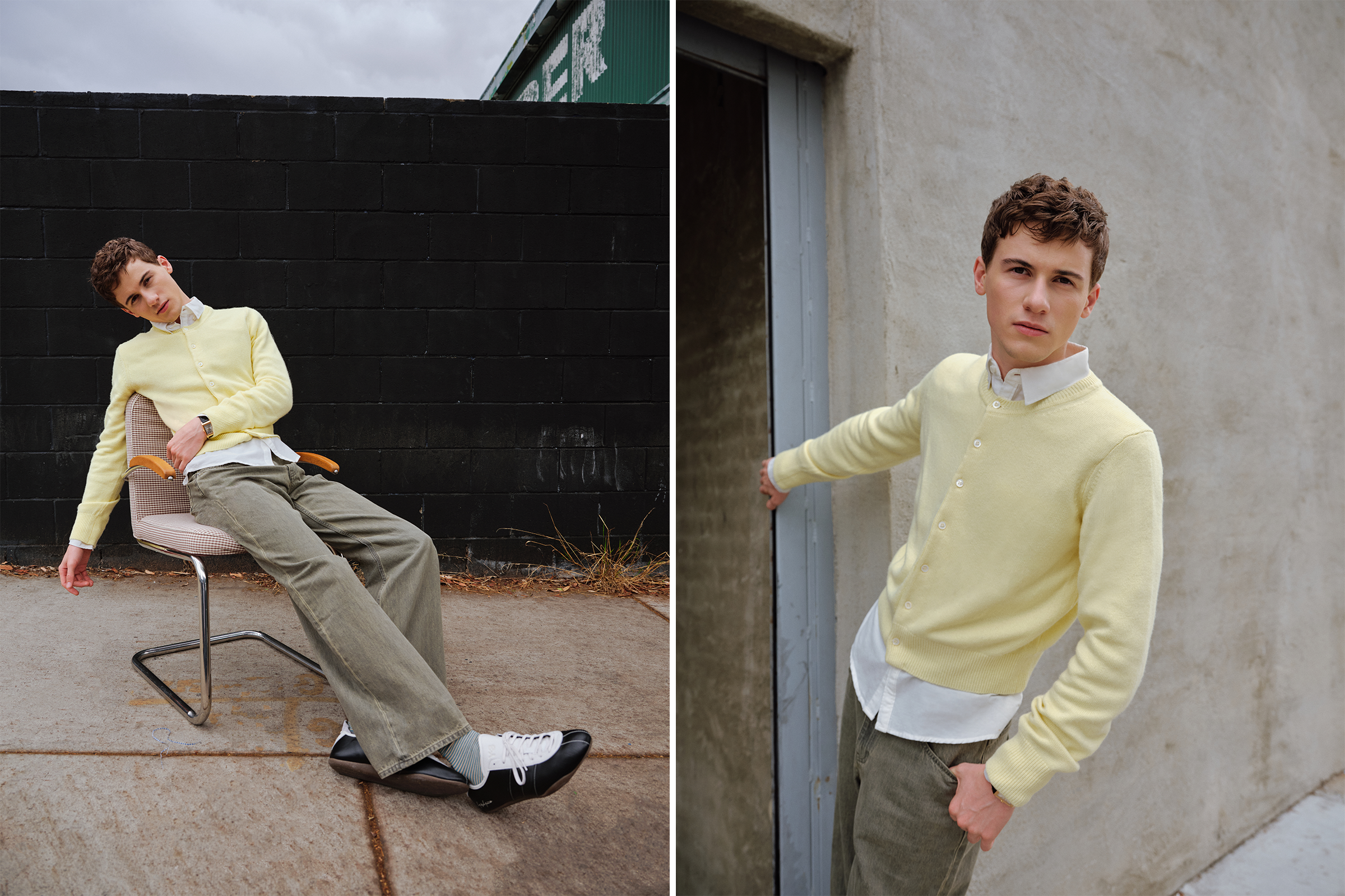 Actor Sam Nivola, photographed by JJ Geiger for Who What Wear. He is wearing a white button-down shirt and khaki trousers with a yellow cardigan.