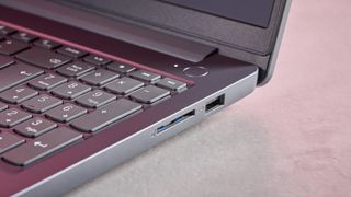 Close-up of right-side ports on Lenovo LOQ Essential Gen 9, open on desk