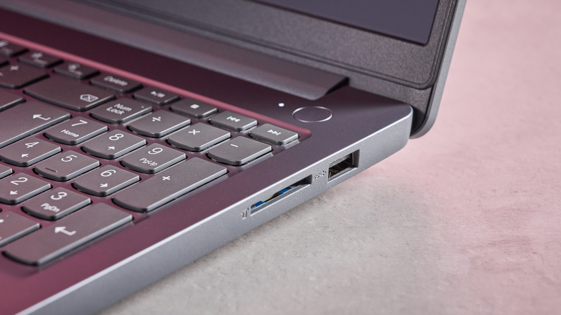 Close-up of right-side ports on Lenovo LOQ Essential Gen 9, open on desk
