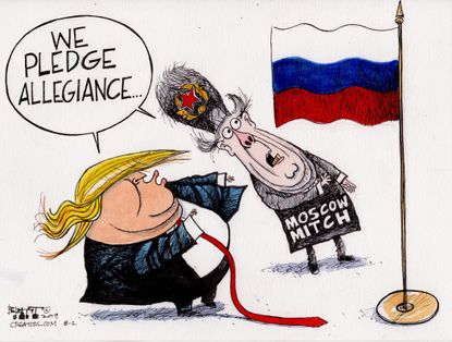 Political Cartoon U.S. We Pledge Allegiance Russian Flag Moscow Mitch
