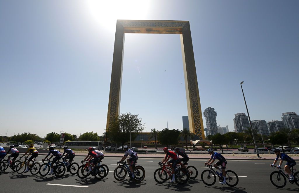 DUBAI HARBOUR UNITED ARAB EMIRATES FEBRUARY 23 A general view of the peloton competing during the 5th UAE Tour Stage 4 a 174km stage from Al Shindagha to Dubai Harbour UAETour UCIWT on February 23 2023 in Dubai Harbour United Arab Emirates Photo by Dario BelingheriGetty Images
