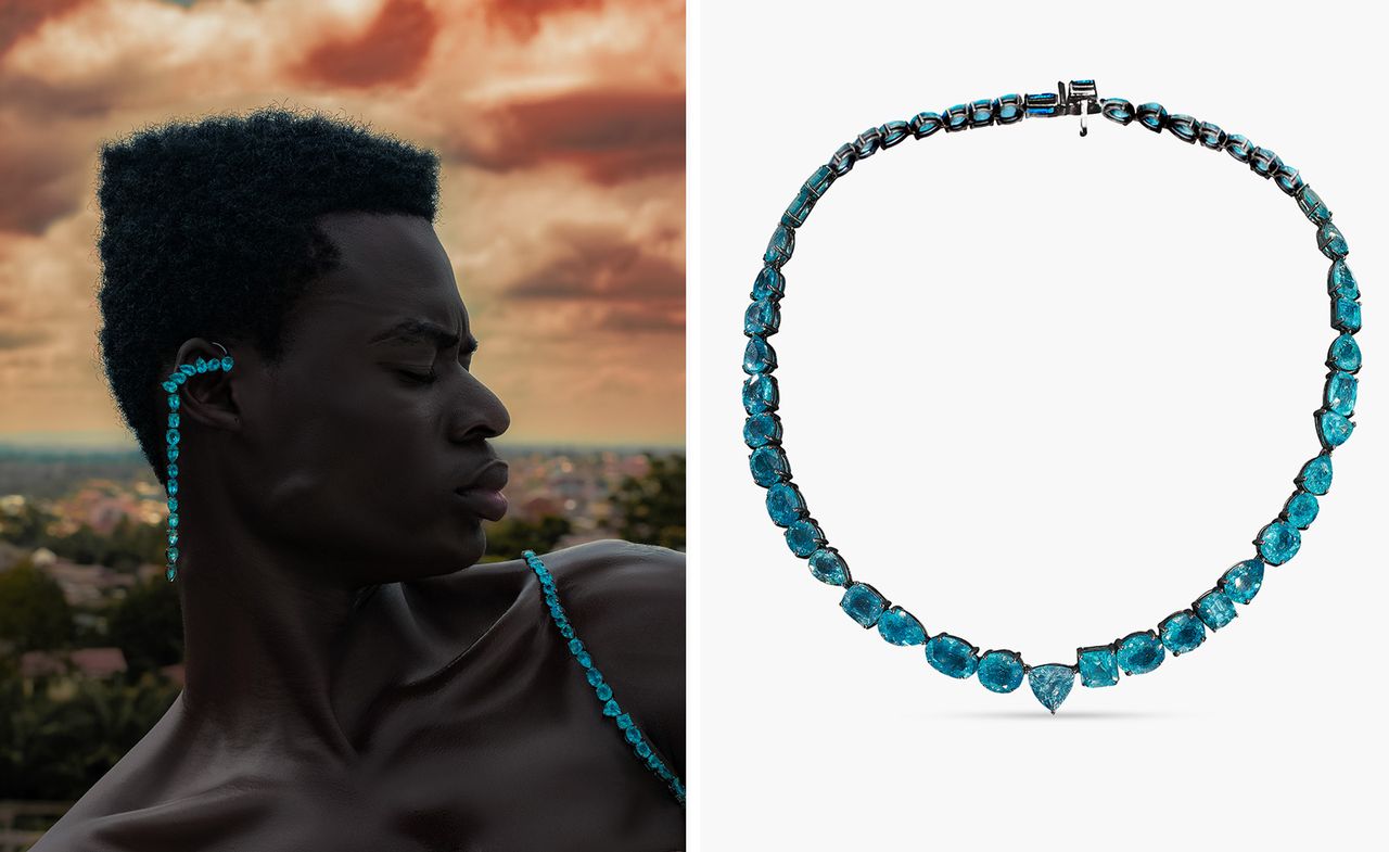 Model wears blue necklace by La Tache Bobo