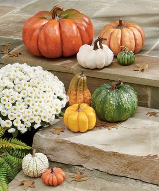 Easy no-carve pumpkin ideas with faux pumpkins lining the steps of a garden