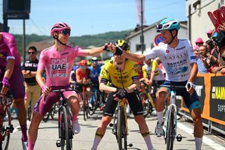 FOIANO DI VAL FORTORE ITALY MAY 15 LR Tadej Pogacar of Slovenia and UAE Team Emirates Pink Leader Jersey and Antonio Tiberi of Italy and Team Bahrain Victorious White Best Young Jersey prior to the 107th Giro dItalia 2024 Stage 11 a 207km stage from Foiano di val Fortore to Francavilla al mare UCIWT on May 15 2024 in Foiano di val Fortore Italy Photo by Dario BelingheriGetty Images