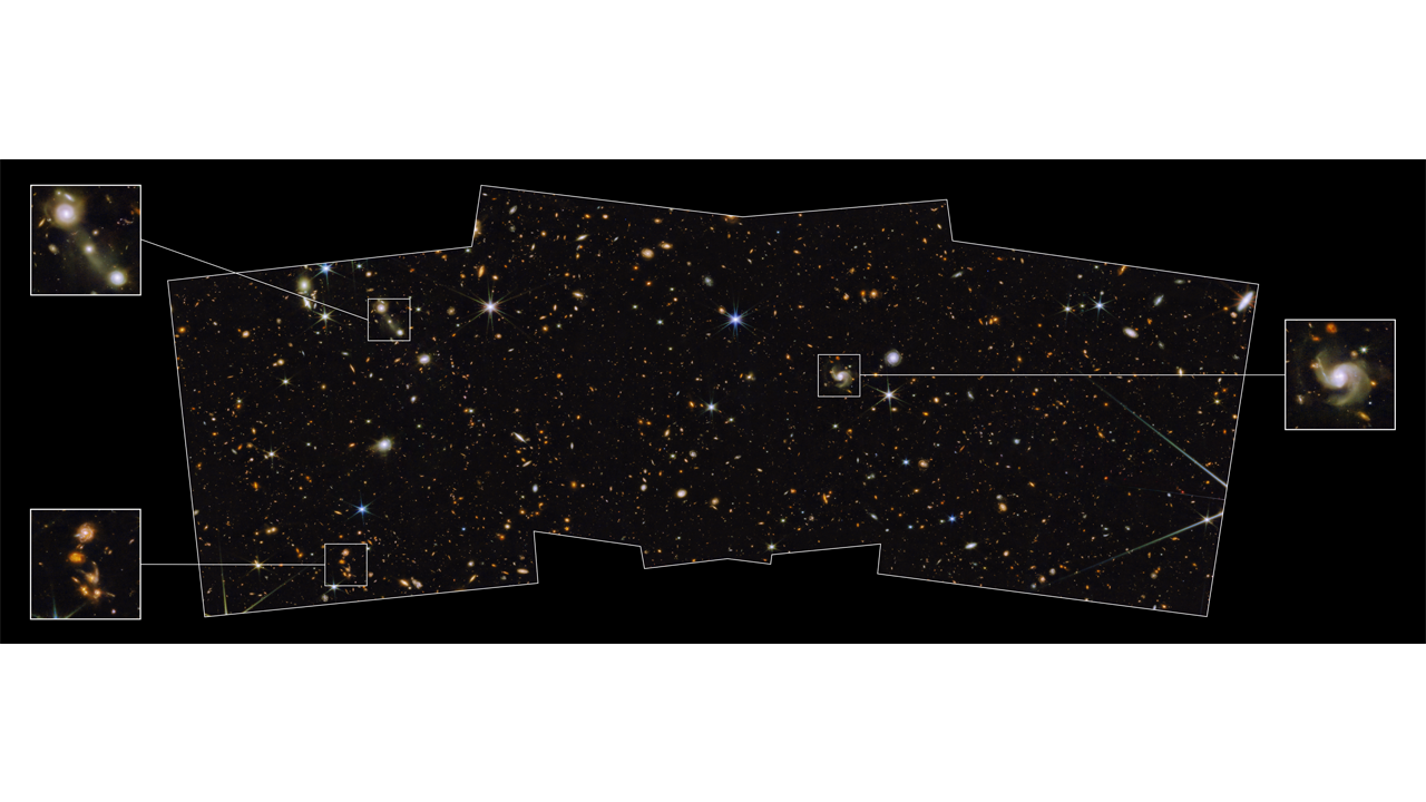 The PEARLS image with selected galaxies highlighted in detail images.