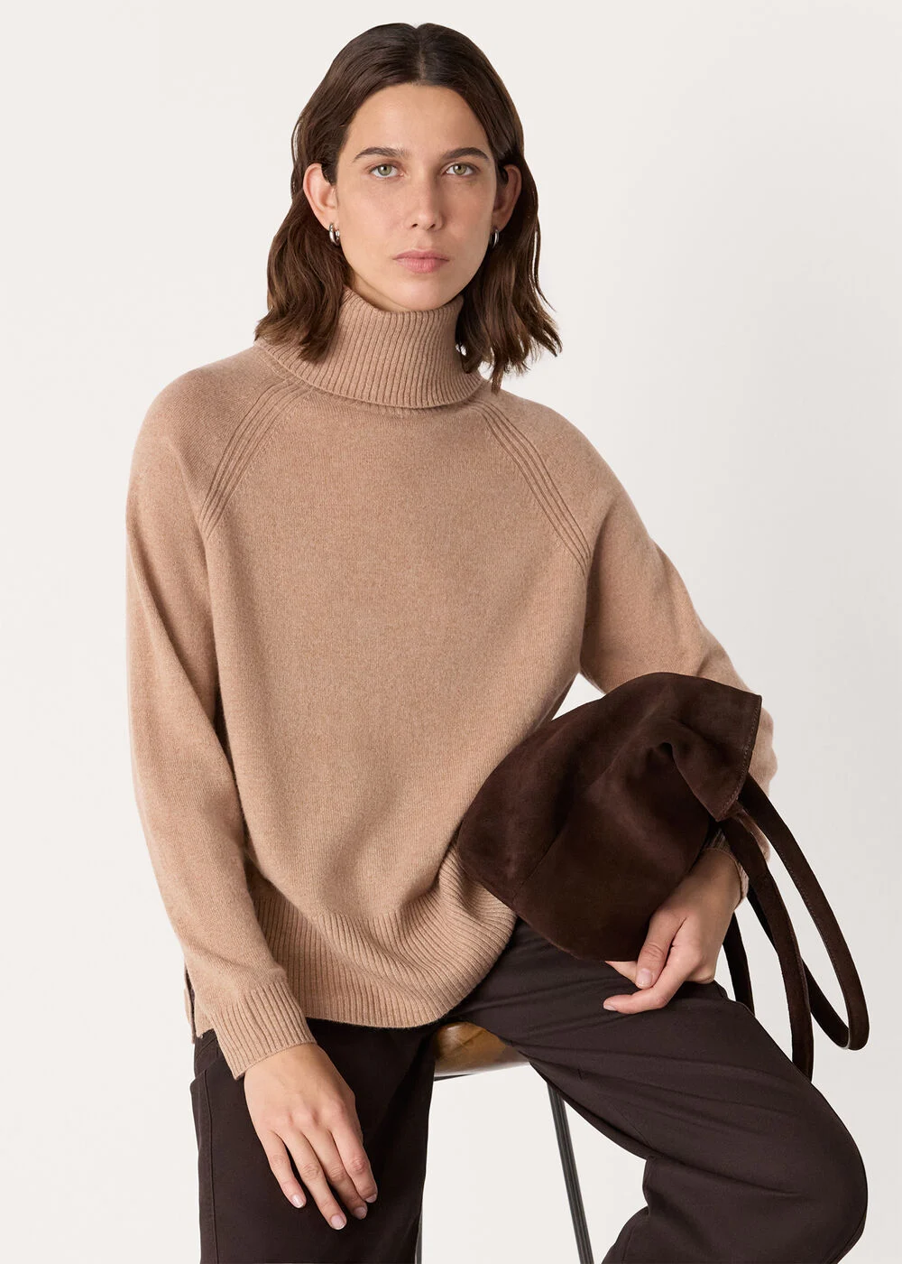 An image of Whistles Camel Cashmere Roll Neck