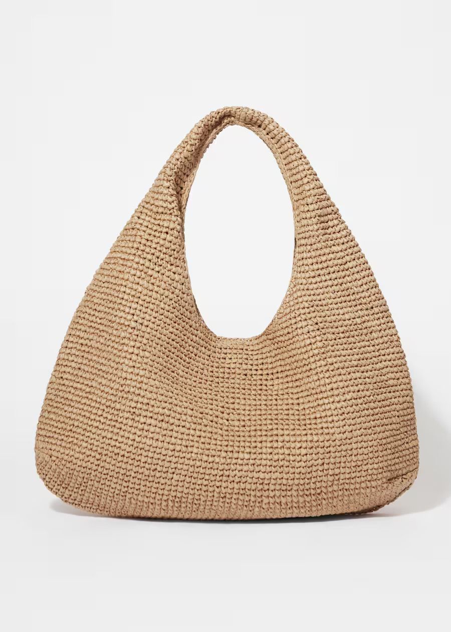 Leather-Piping Straw Shoulder Bag - Dark Brown