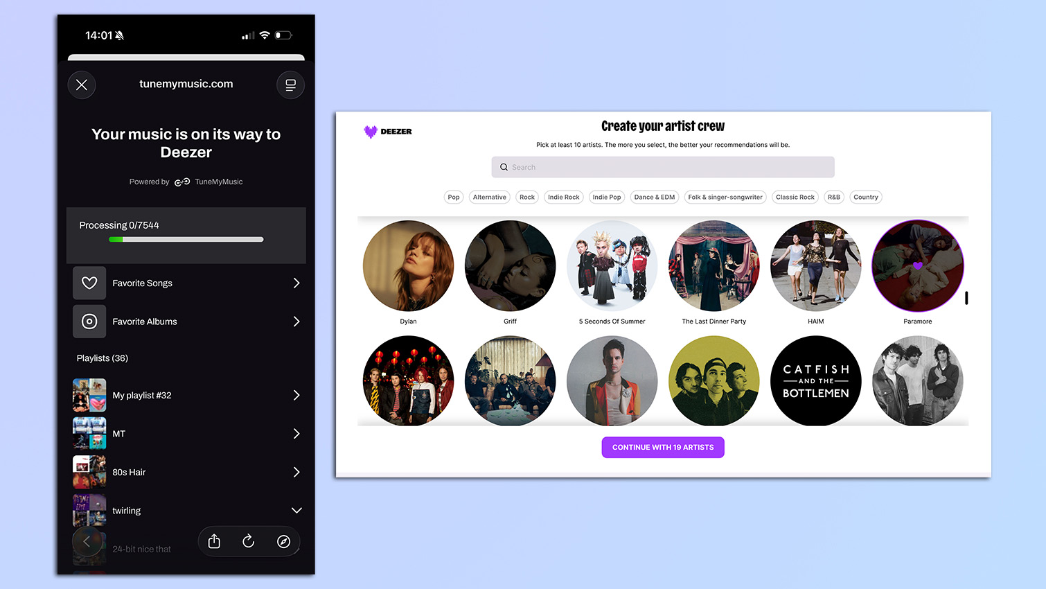 Screenshots from the Deezer app and Deezer website of data transfer from the spotify app and selecting artists for song recommendations
