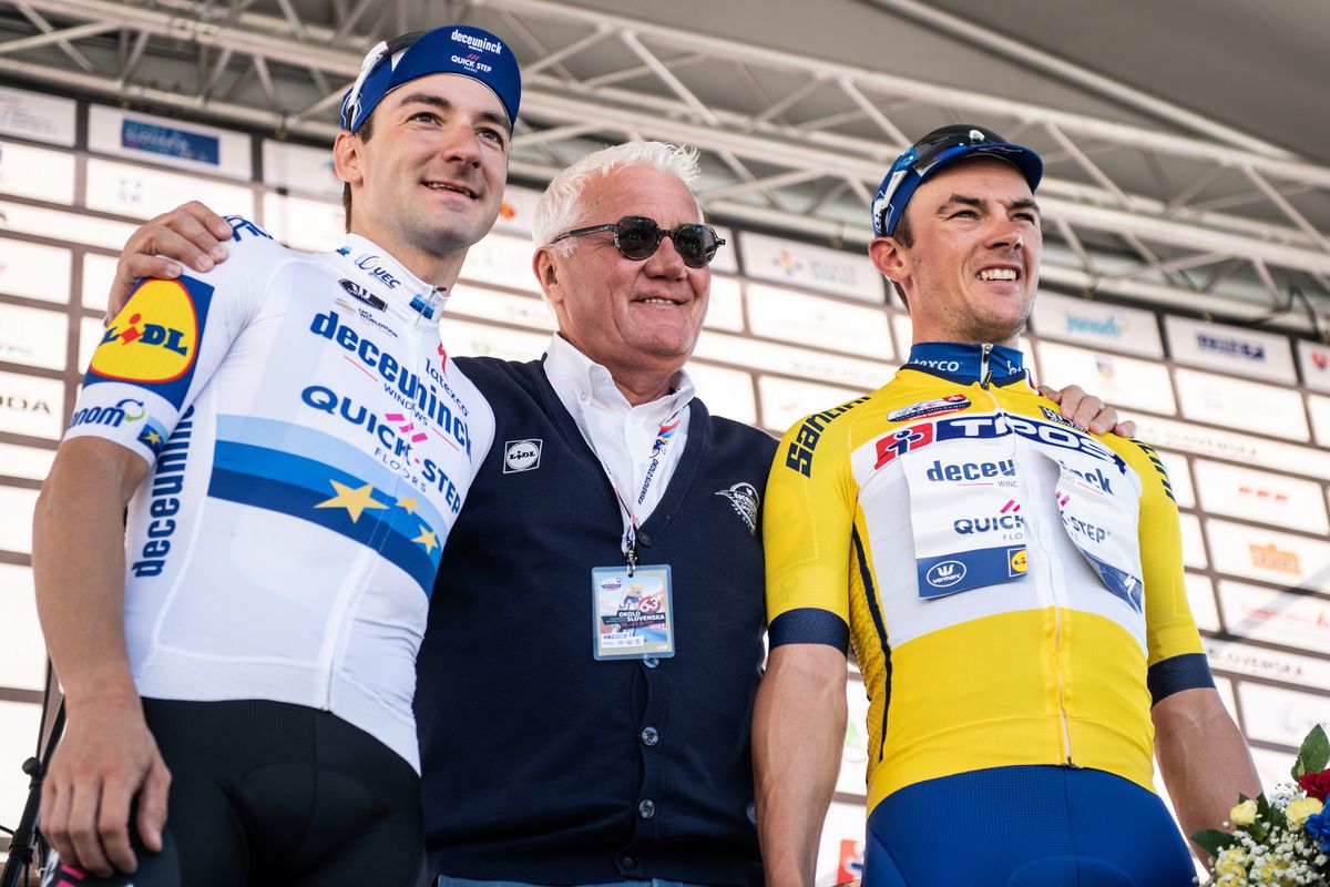 Viviani and Lampaert on the podium with team boss Patrick Lefevere