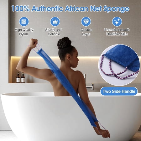 Okaka 3 Pcs African Net Bath Sponge, Double Layer Exfoliating Body Scrubber Washcloth With Handle for All Ages