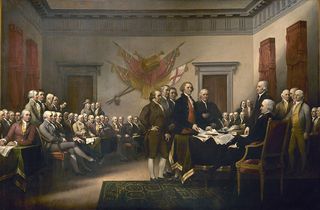 This depiction of the Declaration of Independence is a painting by John Trumbull. It shows the five-man drafting committee presenting their work to the Congress. The painting hangs in the U.S. Capitol rotunda.