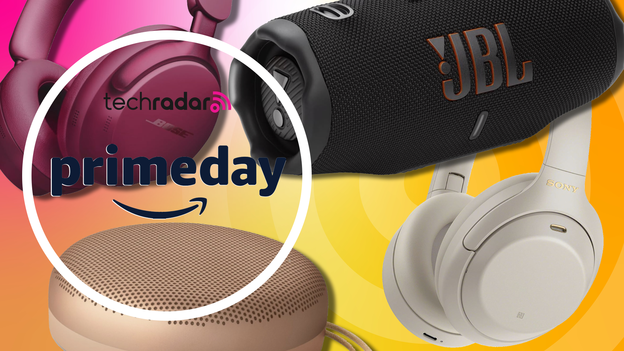 Two pairs of headphones and two Bluetooth speakers, all on TechRadar&#039;s Prime Day background