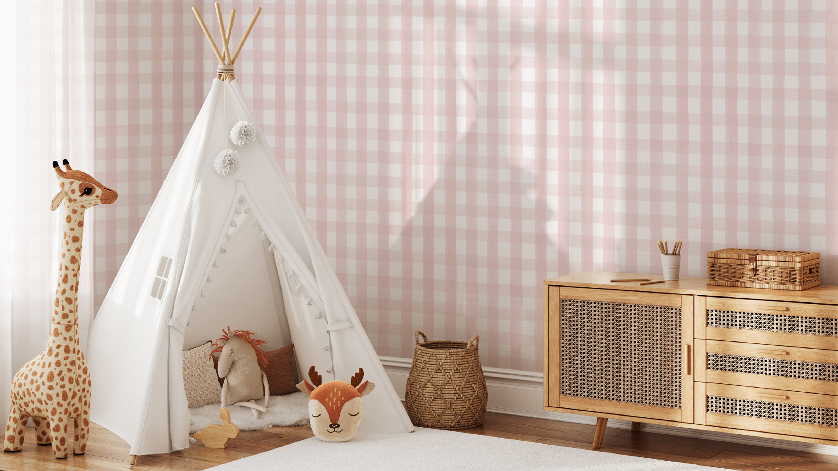 A kids bedroom with gingham wallpaper from Hovia