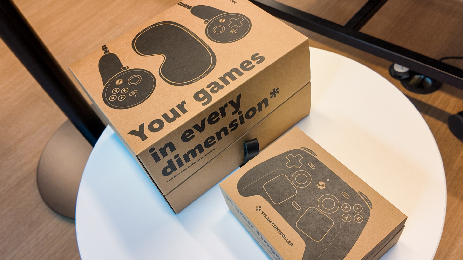 The Steam Deck alongside Valve&#039;s three new products: the Steam Machine, Steam Frame, and Steam Controller.