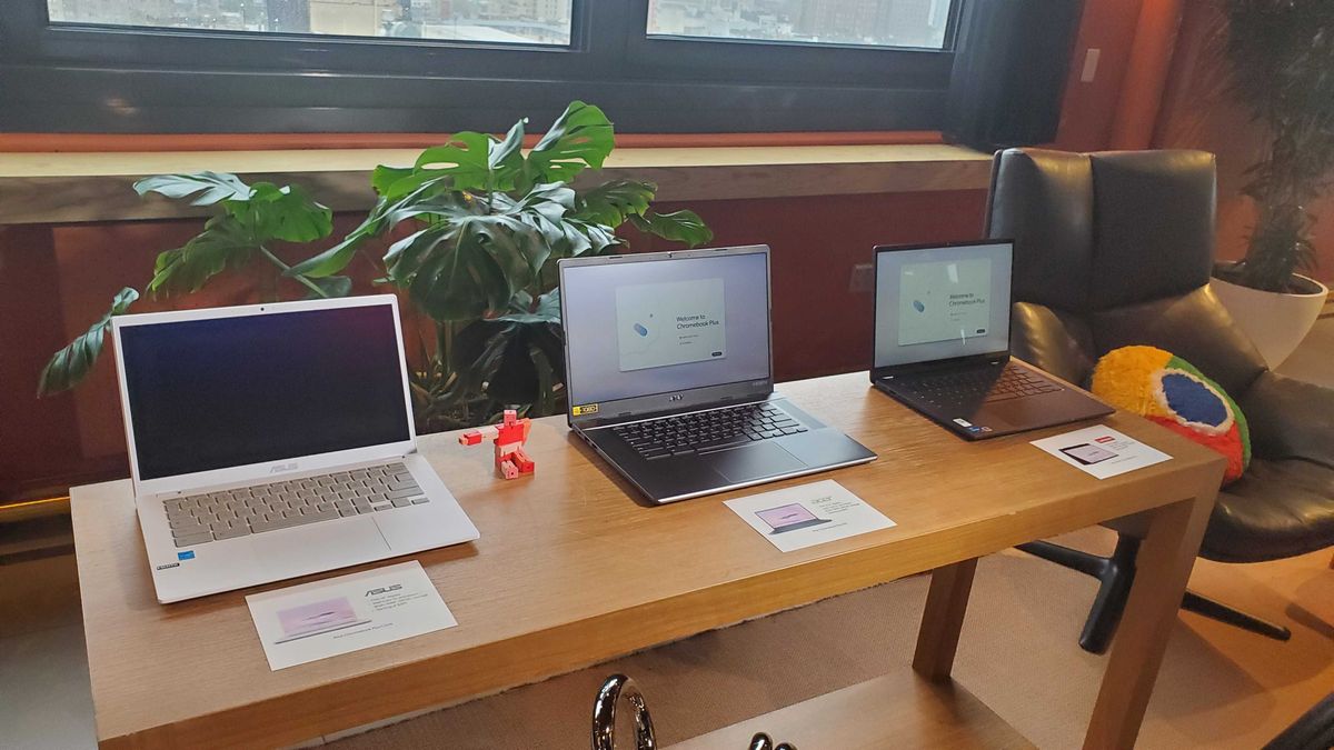 Chromebook Plus laptop on wooden table