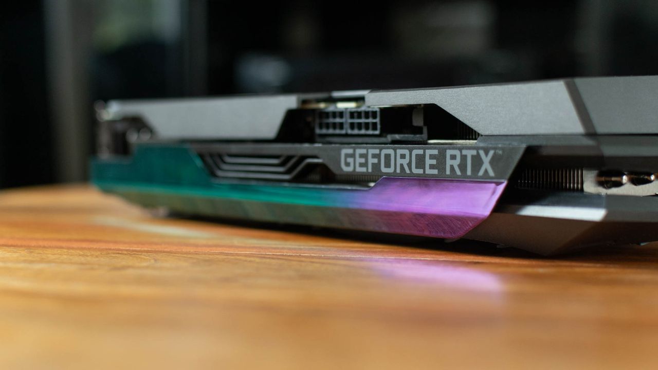 A photograph of the GeForce RTX branding on the Zotac GeForce RTX 3080 AMP Holo