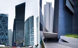 Two images showing the Cube II office tower from 2 different angles