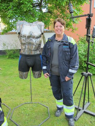 Steelworker Cathrin Persson poses with an example of Thunderwear, heat-resistant undergarments that stops sparks from reaching the skin. The novel fabric was developed with help from the European Space Agency based on spacesuit material technology.