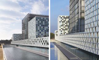 Two images of Schmidt Hammer Lassen’s design for the International Criminal Court. Different angled pictures of the block shaped buildings with a body of water next to it.