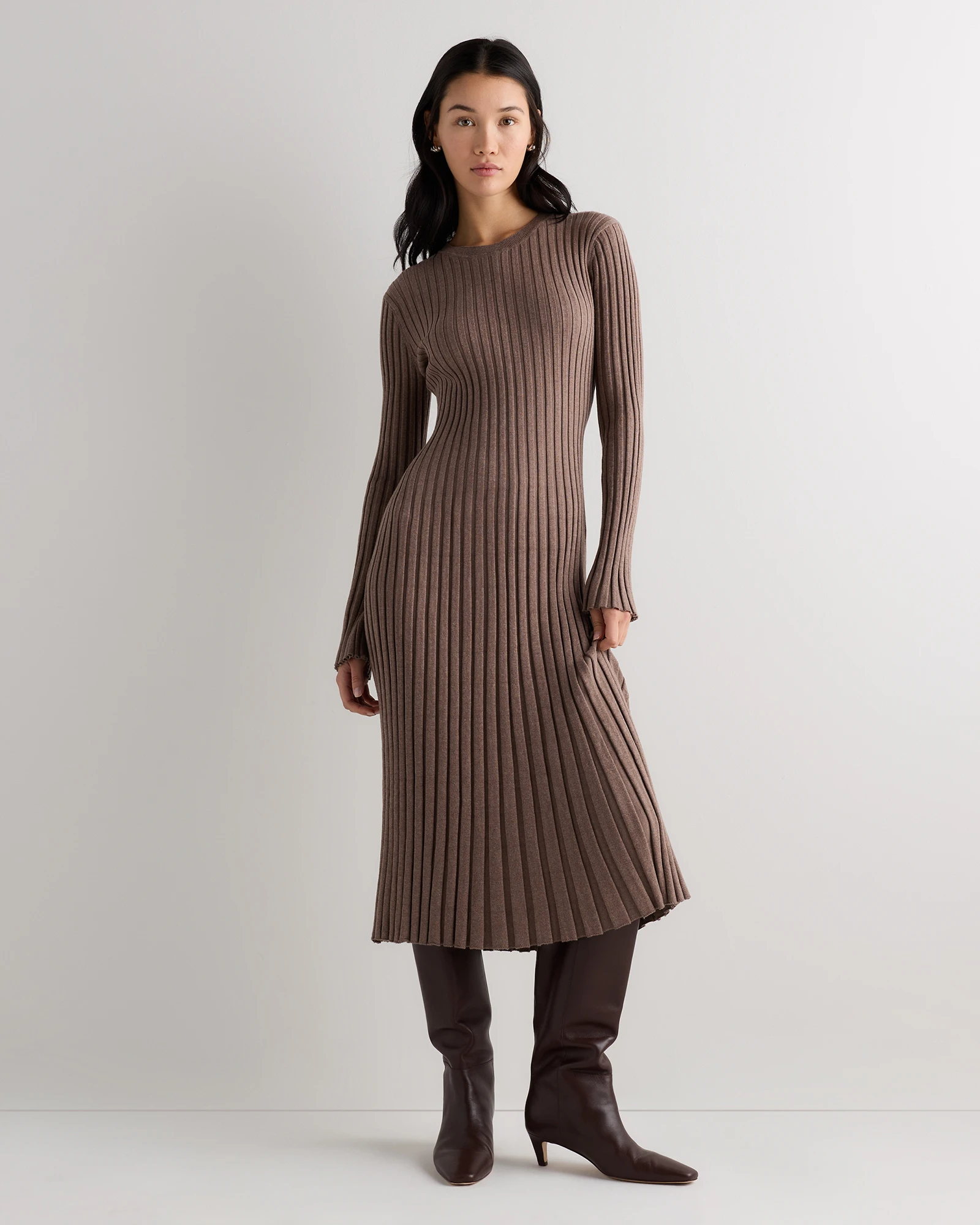 Cotton Cashmere Ribbed Long Sleeve Crew Midi Dress in Heathered Mink Taupe, Size Xs
