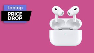 AirPods Pro 2 wireless earbuds with charging case against pink background
