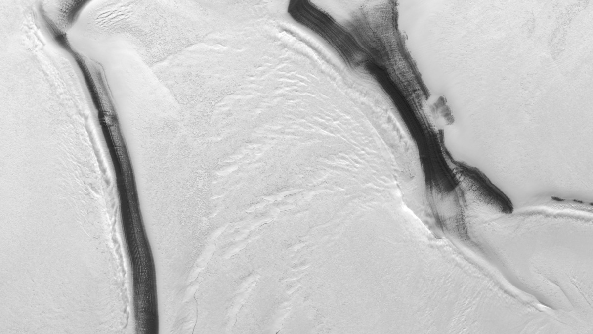 Top-down view of the largest carbon dioxide glacier in the south polar cap of Mars.  The data comes from the high-resolution stereo camera aboard Mars Express, a European Space Agency mission.