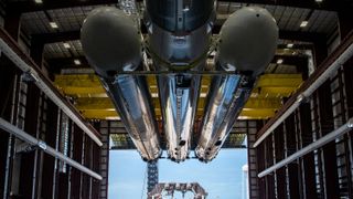 SpaceX shared this photo of Falcon Heavy in the hangar on April 11, 2023.