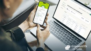ExpressVPN for Teams graphic showing admin dashboard and person holding a smartphone with ExpressVPN open