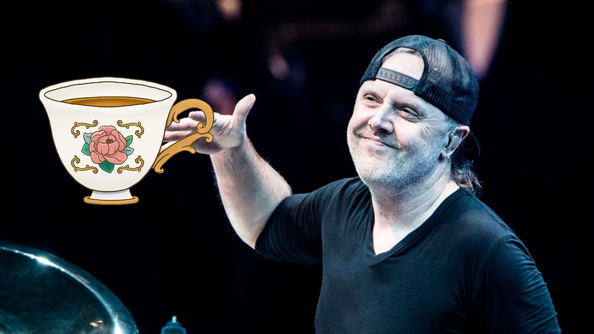 An edited picture showing Lars Ulrich holding a superimposed cup of tea