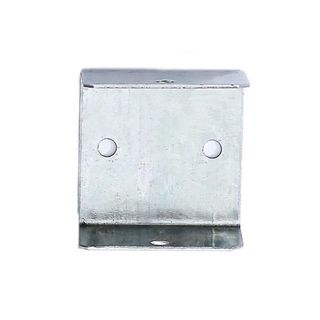 Steel bracket with two holes in the middle section, sitting on a white background