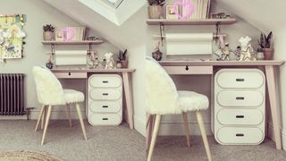 pink painted IKEA desk hack with white under-desk drawer unit