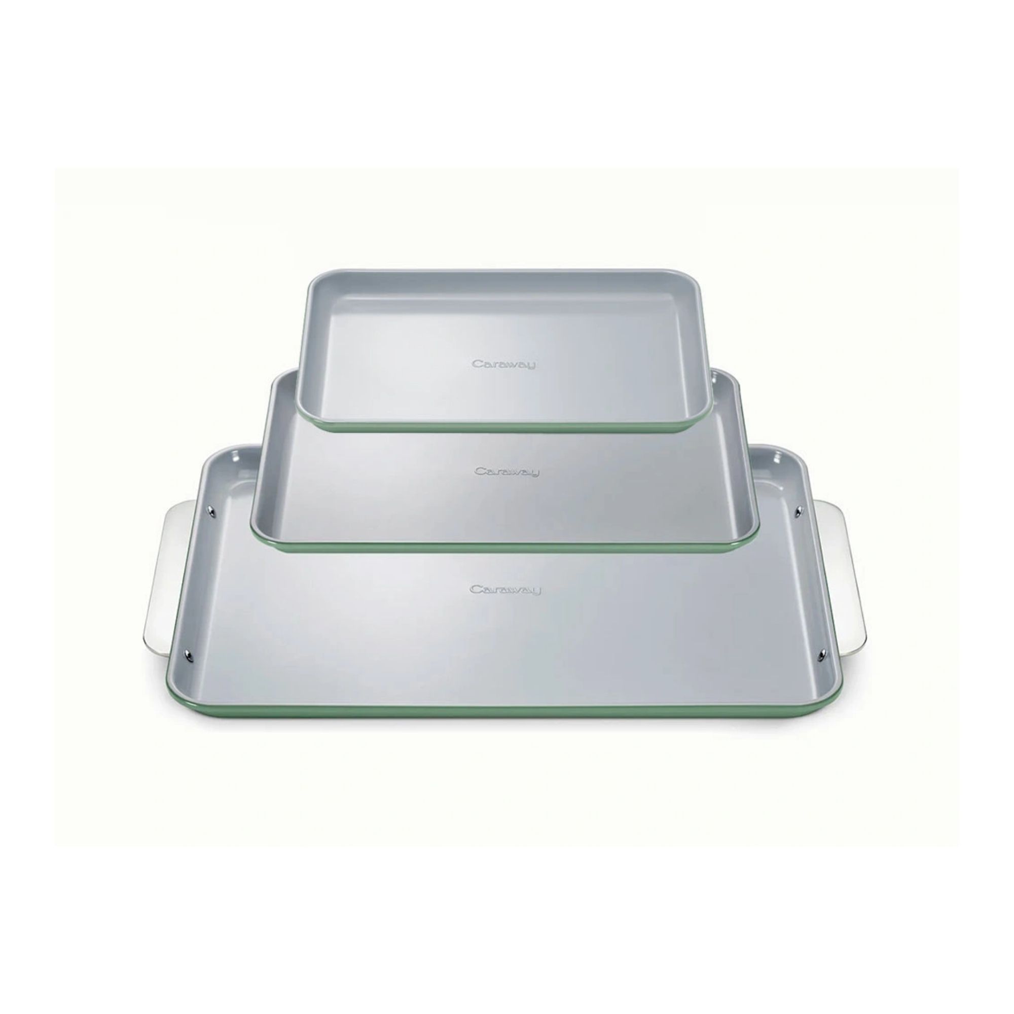 Three green baking trays with silver tops.