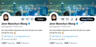 The screenshot of Twitter's new Super Follow feature as scooped by Jane Manchun Wong